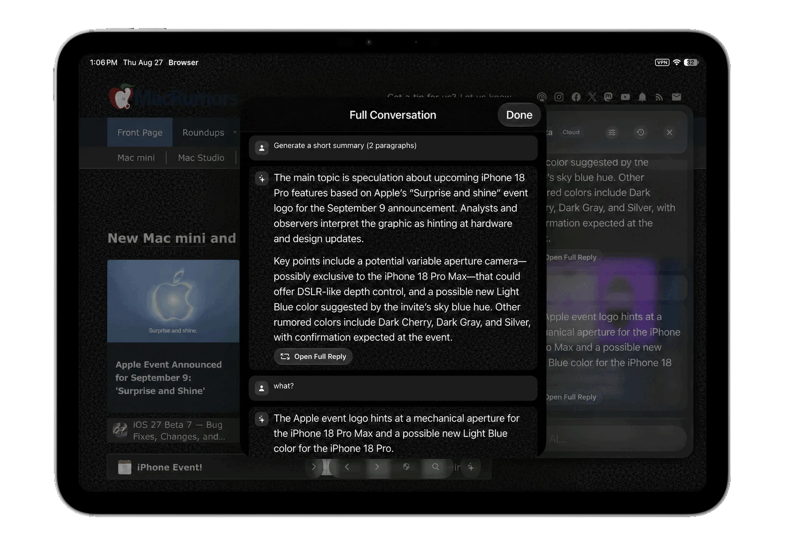 Vortyra’s AI assistant discussing a web page on iPad.