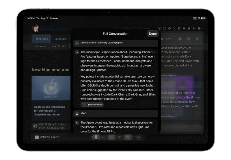 Vortyra Browser on iPad showing a full AI conversation about the page.