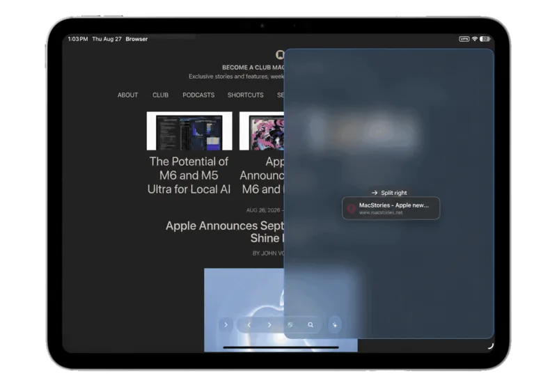 Vortyra Browser on iPad dragging a tab into a split-screen view.