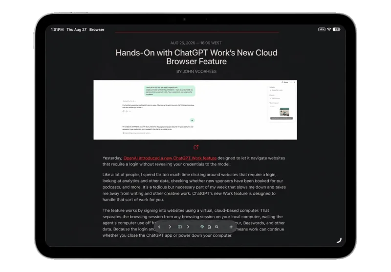 Vortyra Browser on iPad showing an article in reader mode.