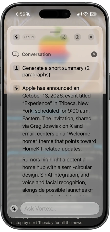 Vortyra Browser on iPhone with the AI assistant sheet over an article.