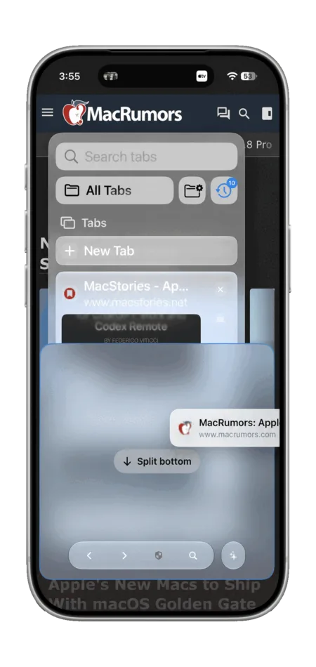 Vortyra Browser on iPhone dragging a tab into split view.