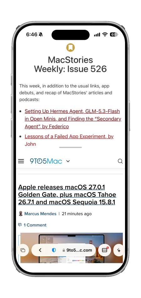Vortyra Browser on iPhone reading MacStories Weekly with a 9to5Mac tab below and the floating toolbar.