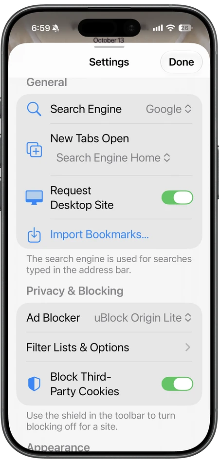 Vortyra Browser on iPhone showing Settings with search engine, uBlock Origin Lite and third-party cookie blocking.