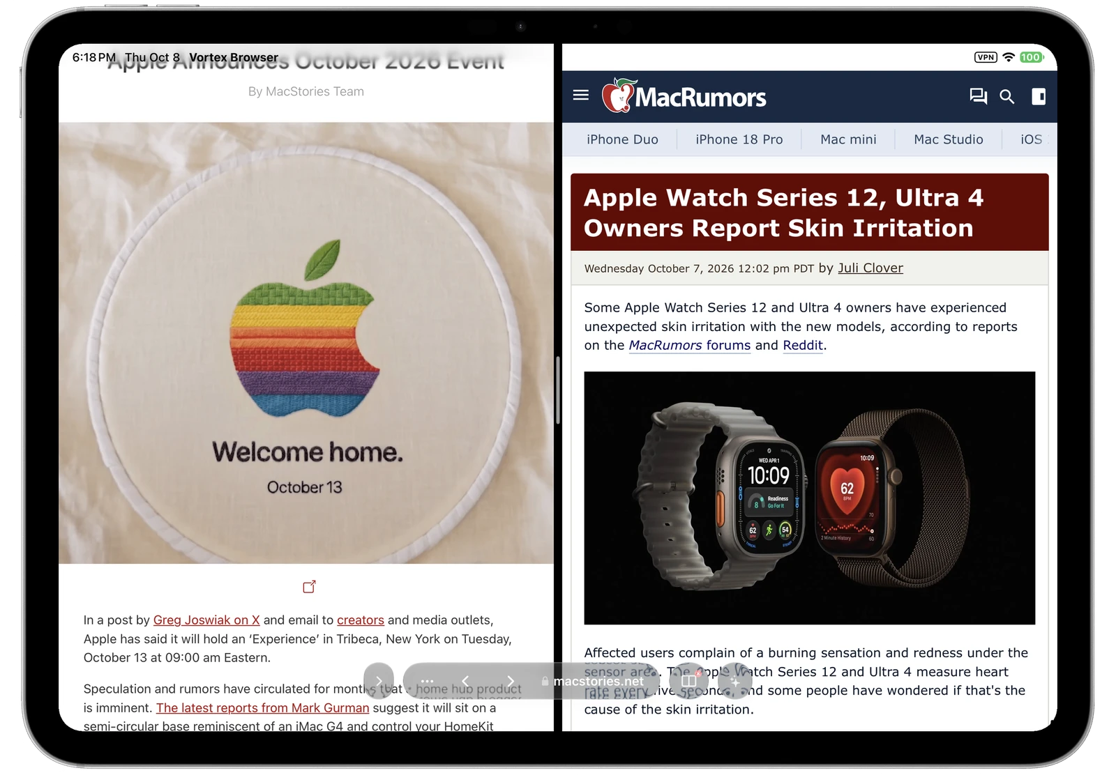 Vortyra Browser on iPad in split view, light appearance, with two web pages side by side.