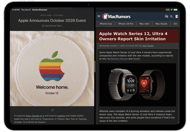 Vortyra Browser on iPad in split view, dark appearance, with two web pages side by side.