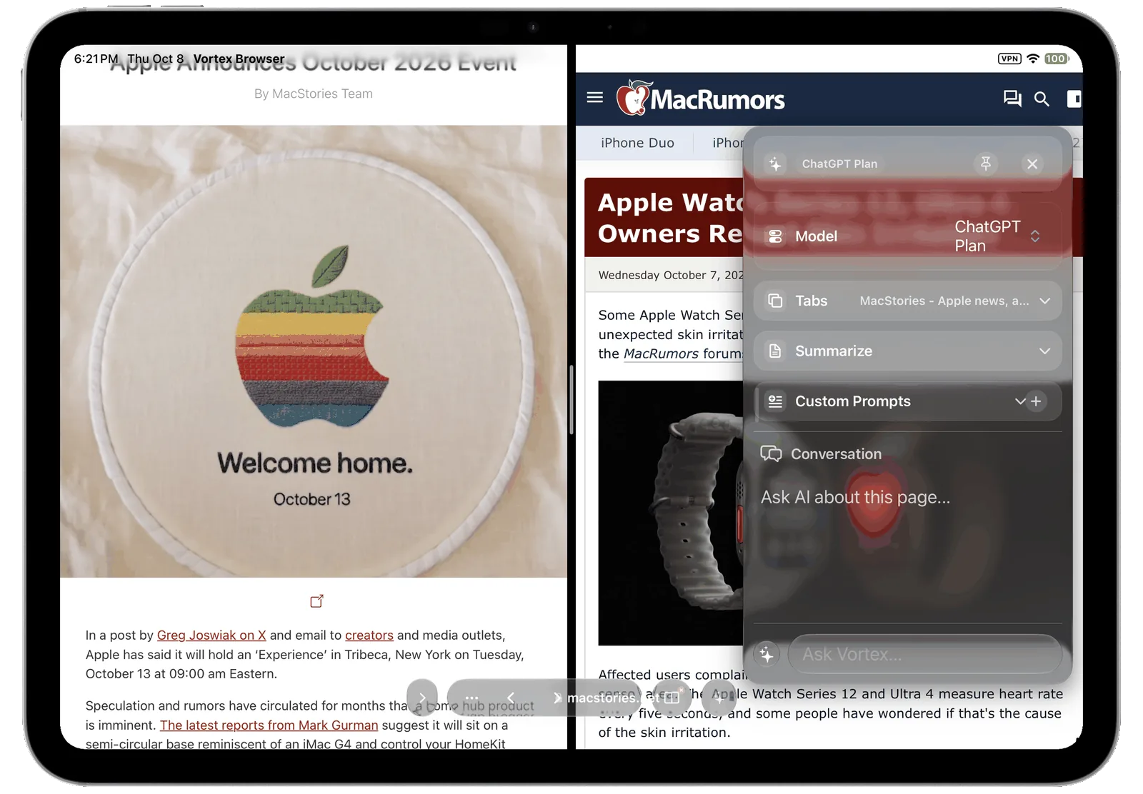 Vortyra Browser on iPad with the AI assistant summarizing a MacStories article.