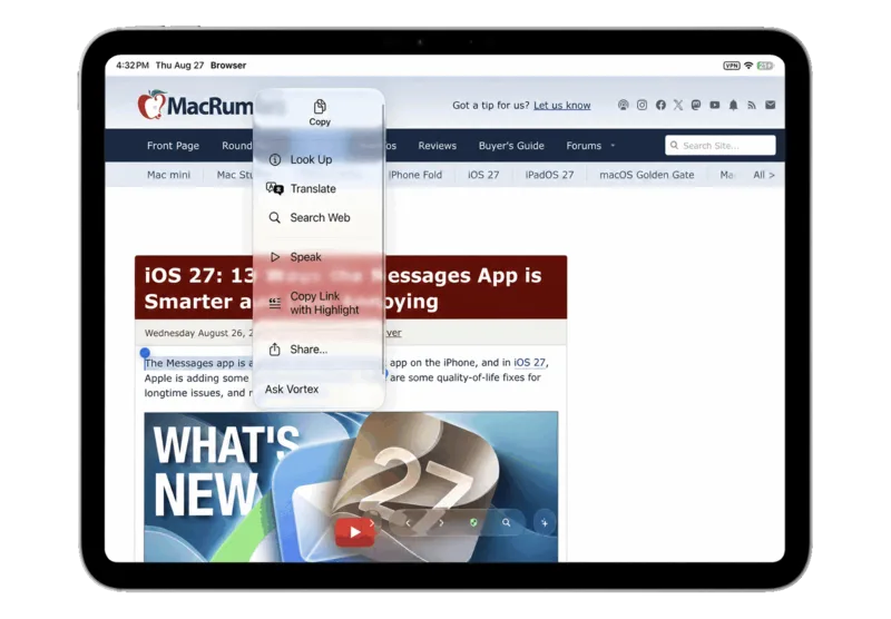 Vortyra Browser on iPad with the Ask Vortyra selection menu open over an article.