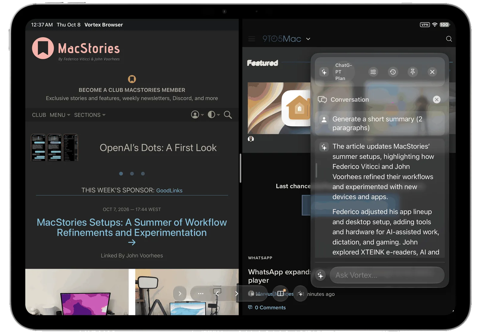 Vortyra Browser on iPad in dark appearance with an AI summary of the page, shown with and without the tab sidebar.