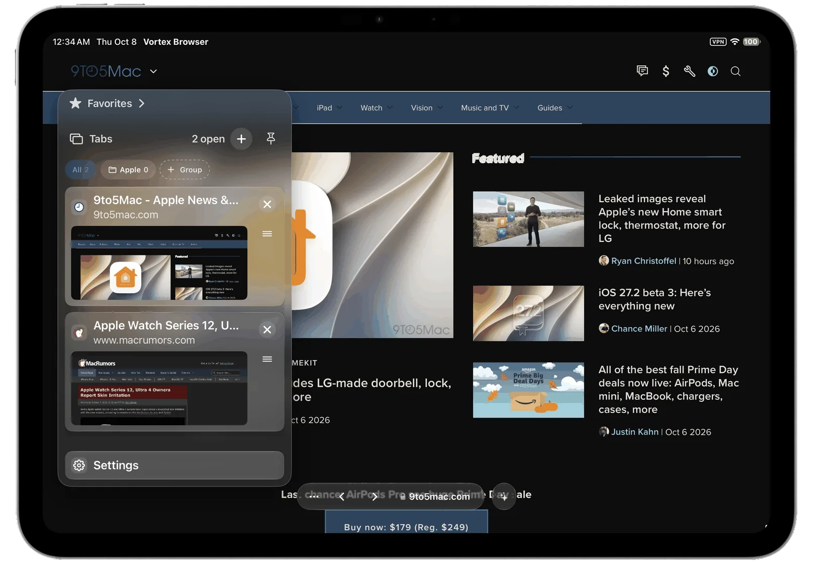 Vortyra Browser on iPad in dark appearance with the tab sidebar showing favorites, tabs and a tab preview.
