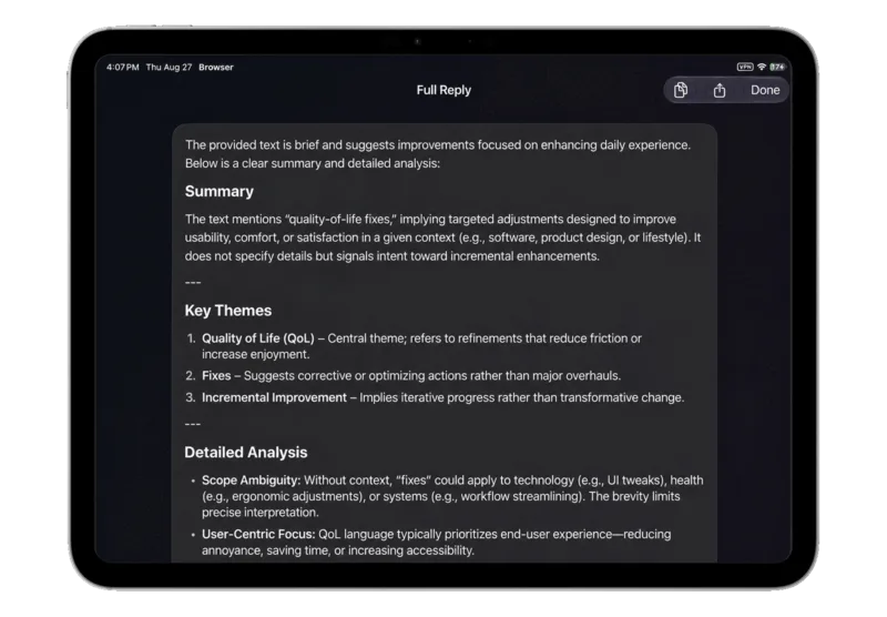 Vortyra Browser on iPad showing a full AI assistant reply.