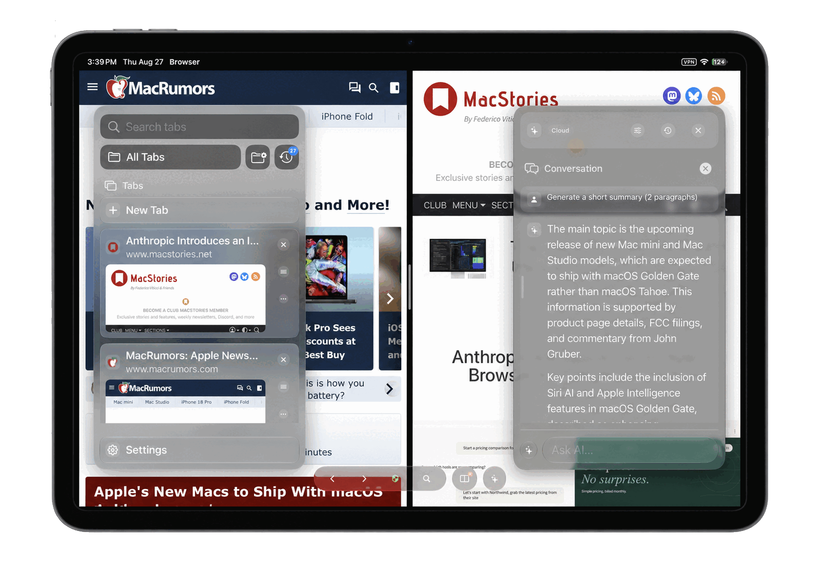 Vortex Browser on iPad cycling through an AI summary, a full conversation and tab controls.