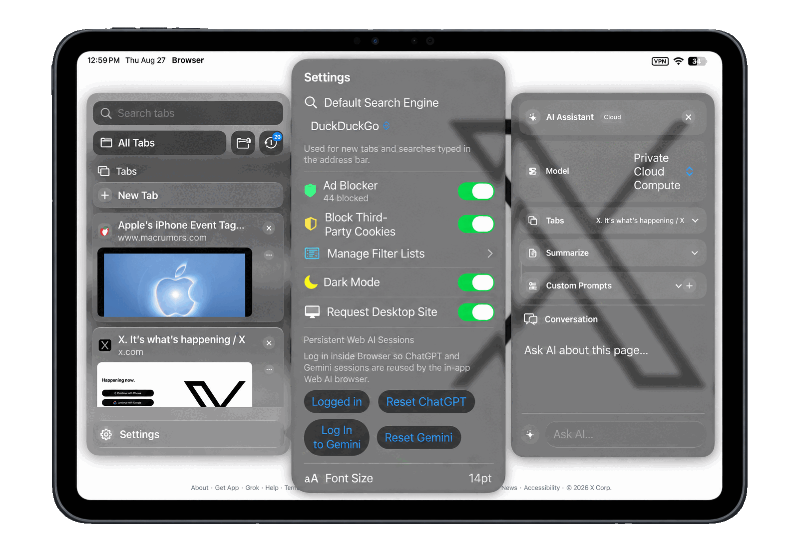 Vortex Browser on iPad cycling through settings, content blocking, tabs, drag-to-split and reader mode.