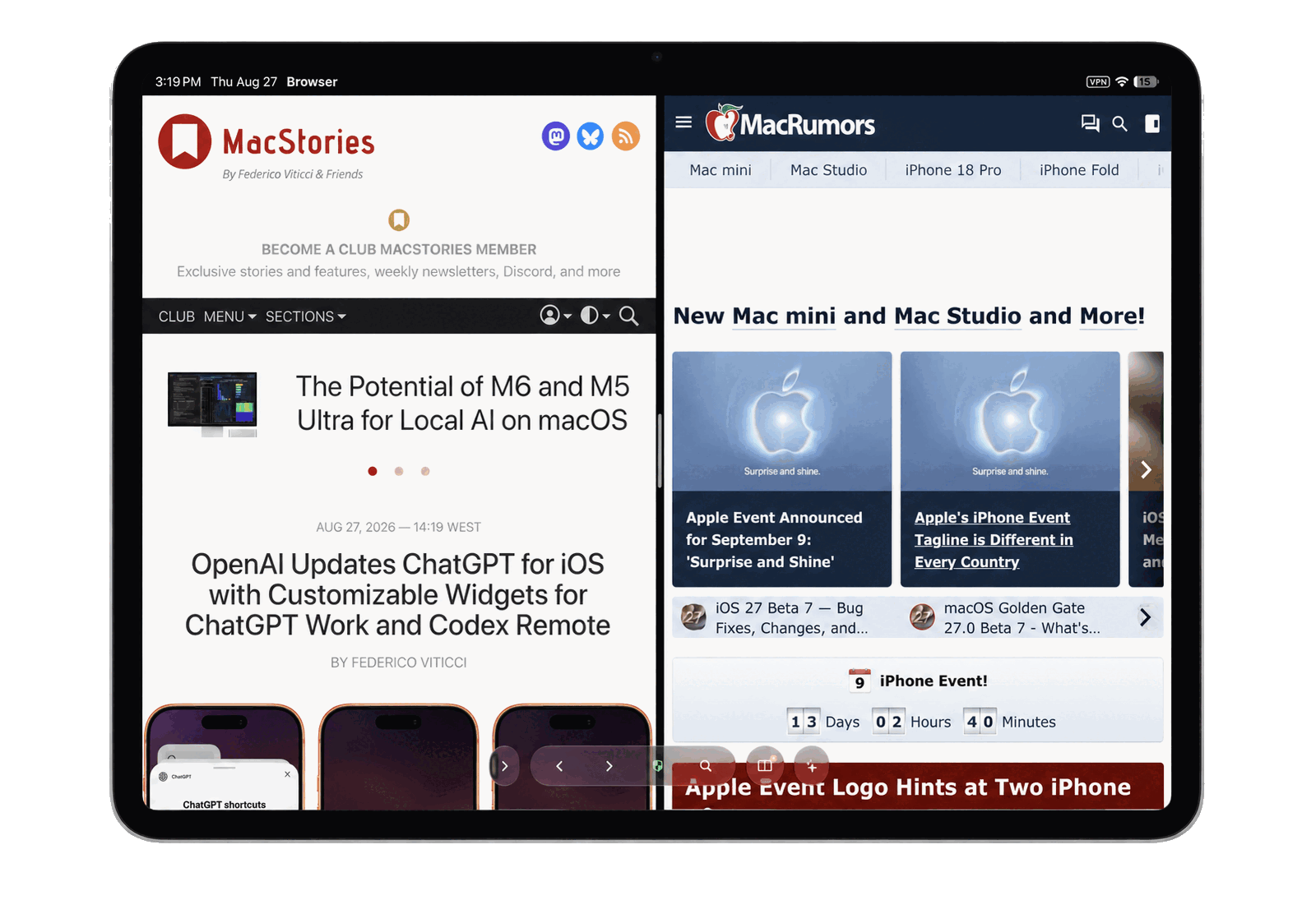 Vortex Browser on iPad cycling through light and dark split views, the Ask Vortex selection menu and the AI Assistant.