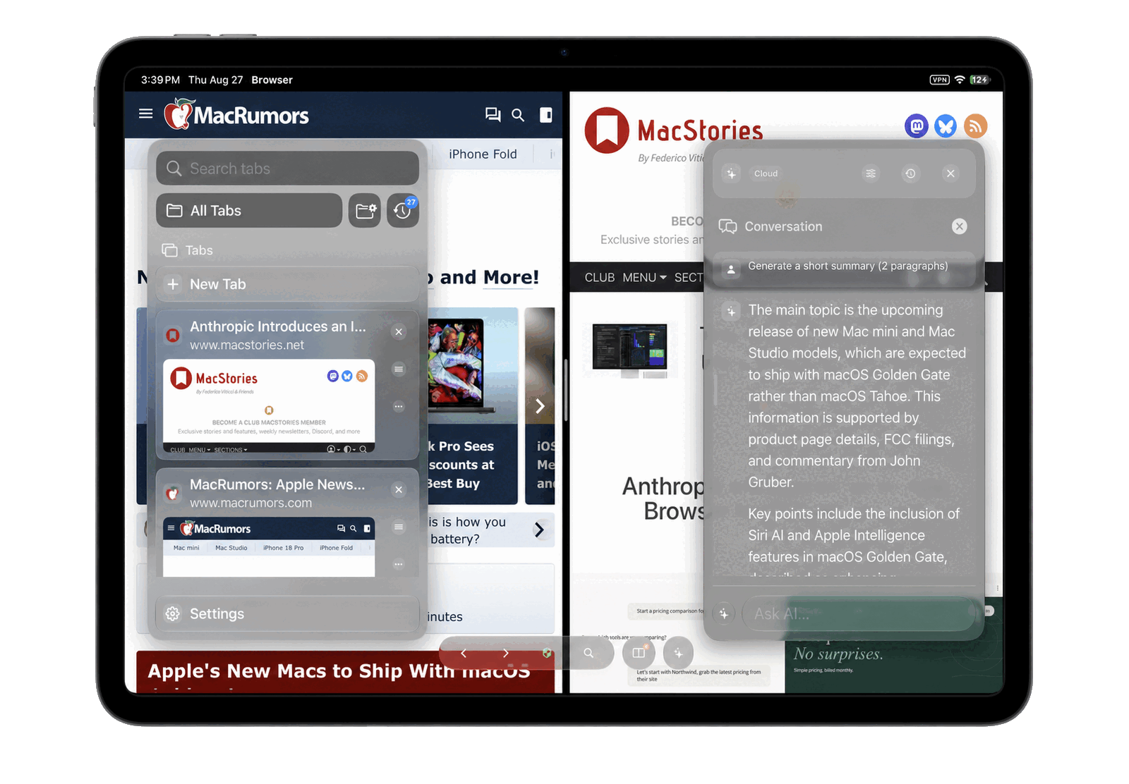 Vortex Browser on iPad alternating between tab management with AI assistance and a full AI reply.