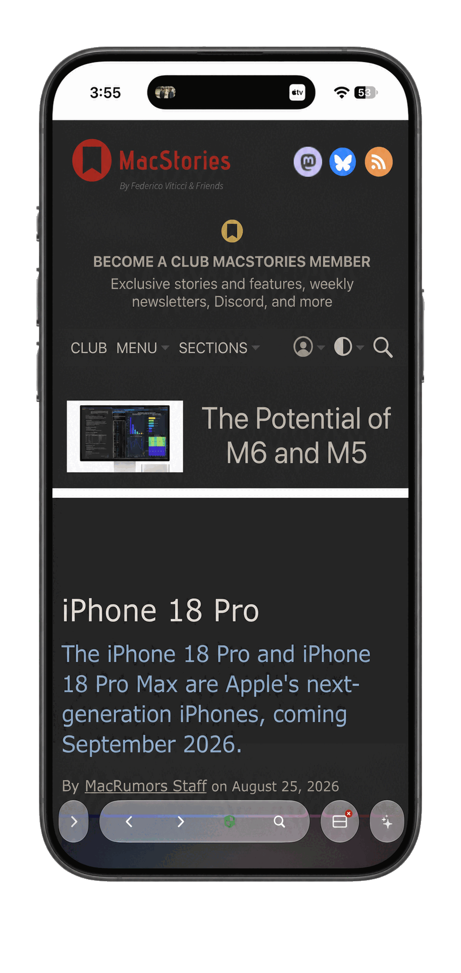 Vortex Browser on iPhone cycling through browsing, tabs, AI assistance, reading, settings and drag-to-split.